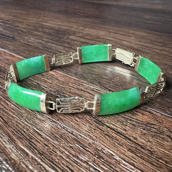 Vintage 14K SOLID GOLD and Green Jadeite Panel Link Bracelet 9.3g, 14kt Yellow - Picture 10 of 16